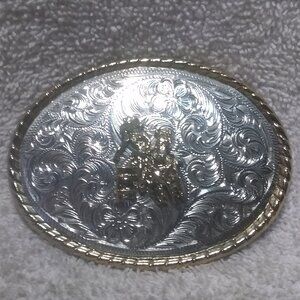 Gold Barrel Racer Silver Flower Filigree Oval Rope Edge Belt Buckle USA Nice VTG